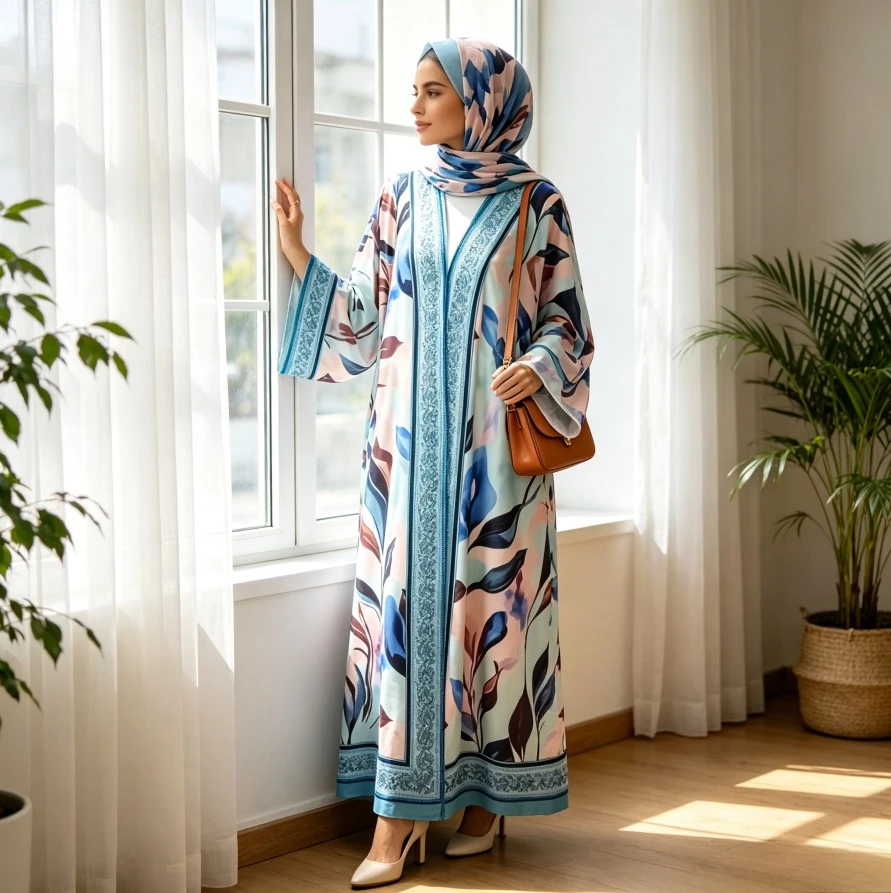Women Abaya Headscarf Cardigan Robe Khimar 2 Piece Set Muslim Morocco Dubai Eid Hijab Print Dress Kaftan Ramadan Jalabiya 2026