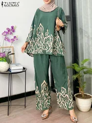 ZANZEA Vintage Long Sleeve Floral Printed Blouse Pants Sets Women 2pcs Muslim Sets Casual Islamic Clothing Abaya Trousers Suits