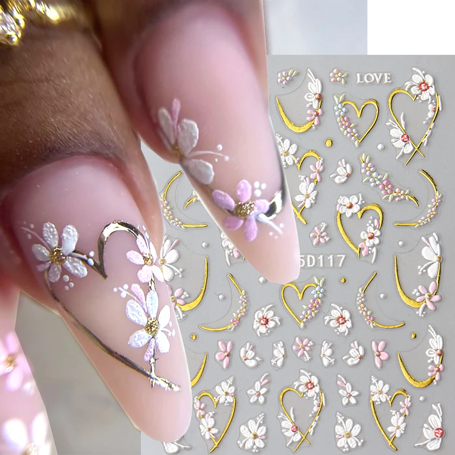 5D Embossed White Floral Gold Line Sliders Spring Pink Flowers Nail Stickers DIY Simple Petals Wedding Nails Decals Accesories