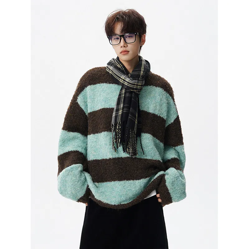 

Свободный крой, мужской круглый пуловер, свитер, повседневный зимний теплый мягкий топ большого размера, модный осенне-зимний полосатый топ...