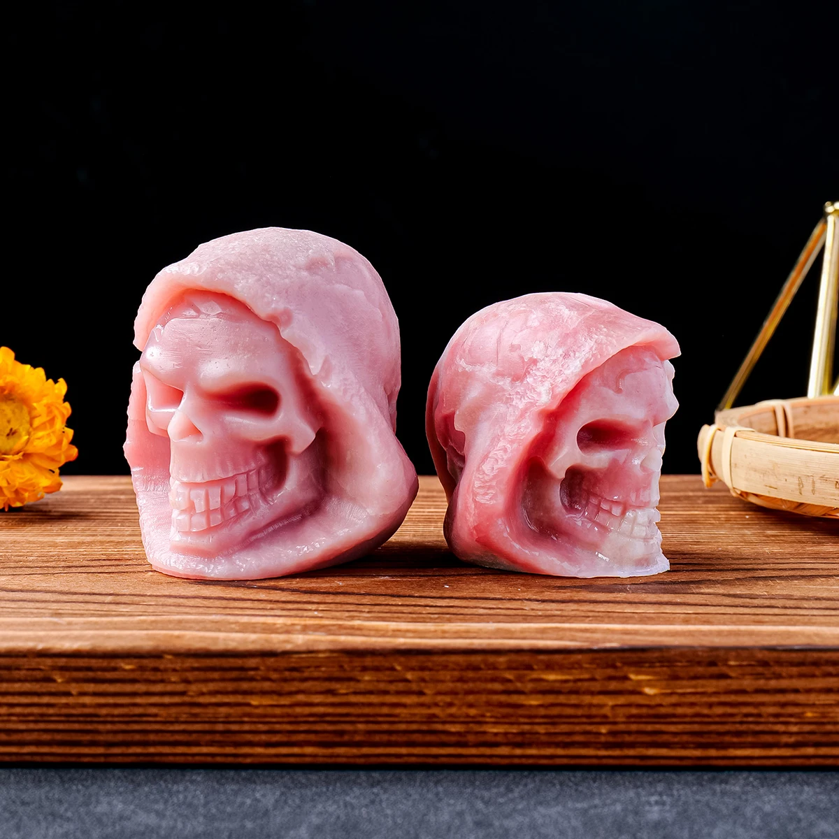 1PC Crystal Pink Opal Grim Reaper Carving Piece Raw Polished Halloween Skull Statue Decorative Ornament