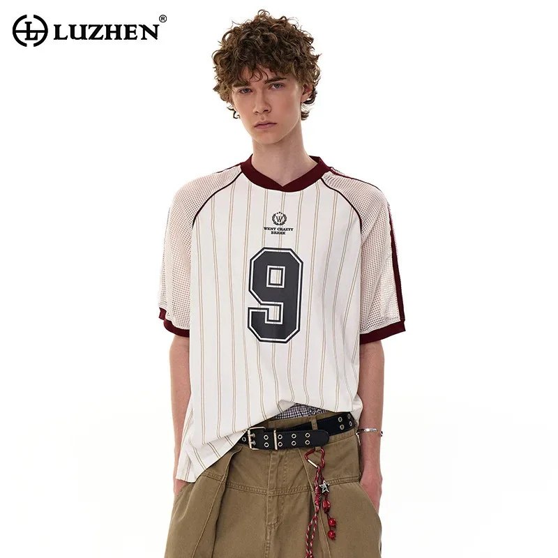 

LUZHEN 2025 Summer New Gauze Splicing Breathable Short Sleeve T-shirts Men's Fashion Handsome Round Neck Casual Clothes JY3286