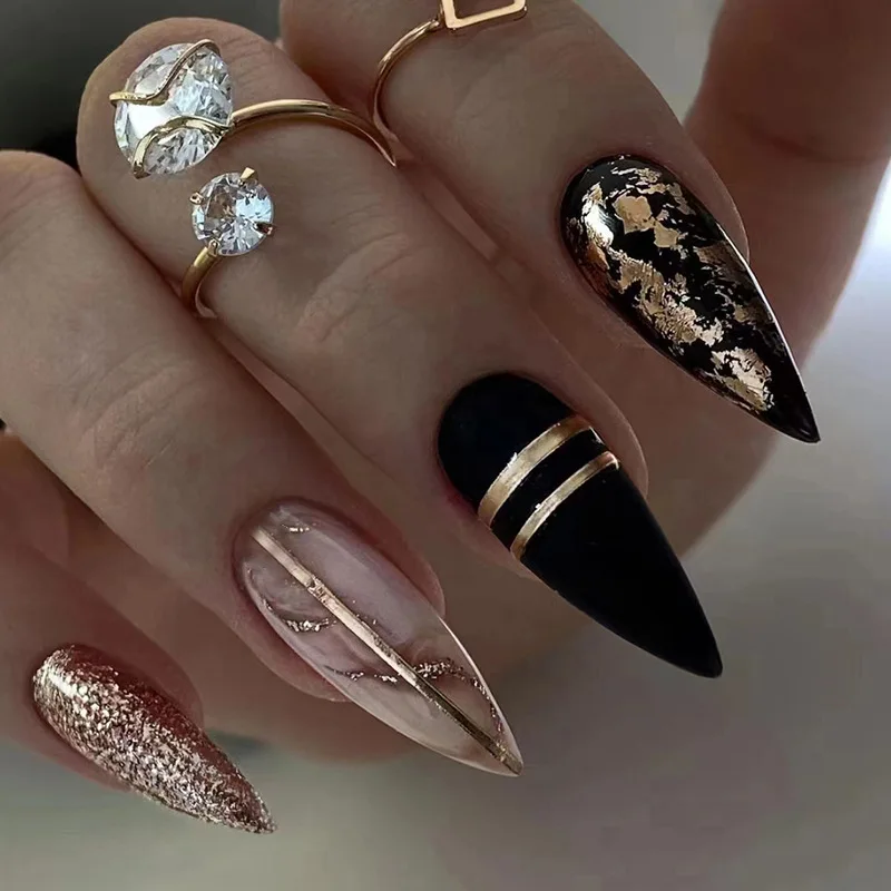 

24pcs Gothic Glam Press-On Nails - Black Amber & Gold Foil Glitter Long Almond Shape (Multi Sizes) False Nail For Women Girl