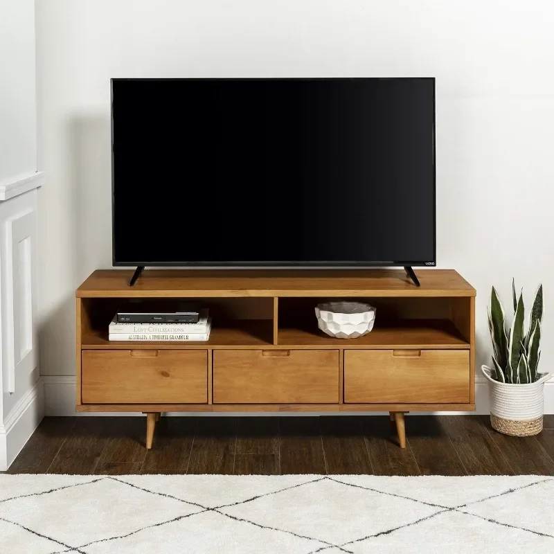 Modern Wood TV Stand para sala de estar, tela plana, porta do armário, armazenamento para entretenimento, 3 gavetas, meados do século, até 65"