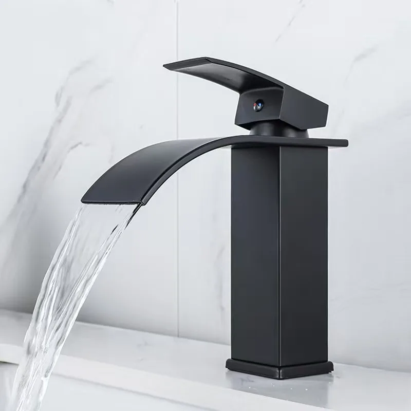 

Stainless Steel Square Flat Spout Waterfall Basin Faucet, Single Handle Hot Cold Mixer Tap for Bathroom