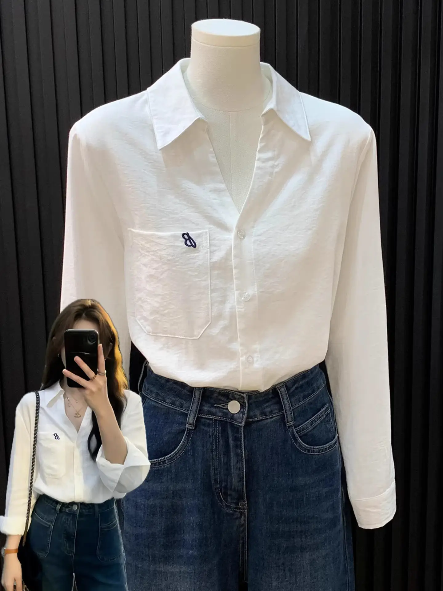 White Cotton Linen Shirt Women Early Spring Casual Shoulder  Neck Long Sleeve Top Embroidered Pocket Breathable Sunscreen