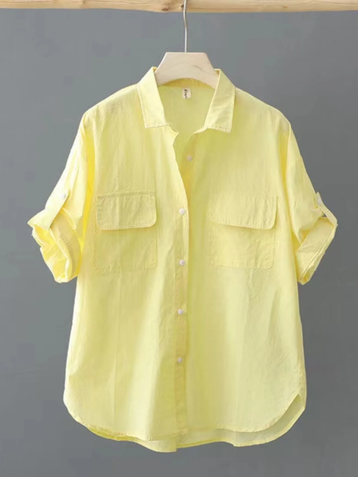 루즈핏 퓨어 코튼 반소매 셔츠 여성 캐주얼 탑 한국 스타일 버튼 디테일 v 넥 레귤러 길이 여름 셔츠