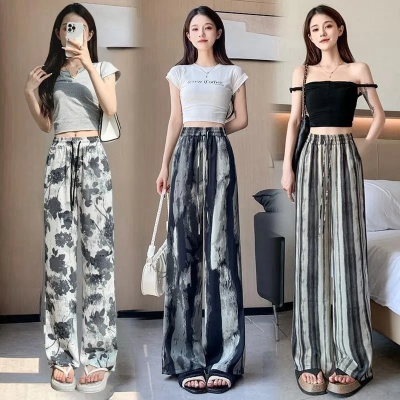 Women's Summer Thin High-Waist Loose Wide Leg Pants with Ink Wash Tie-Dye New Chinese Ethnic Style Floor-Length Pants