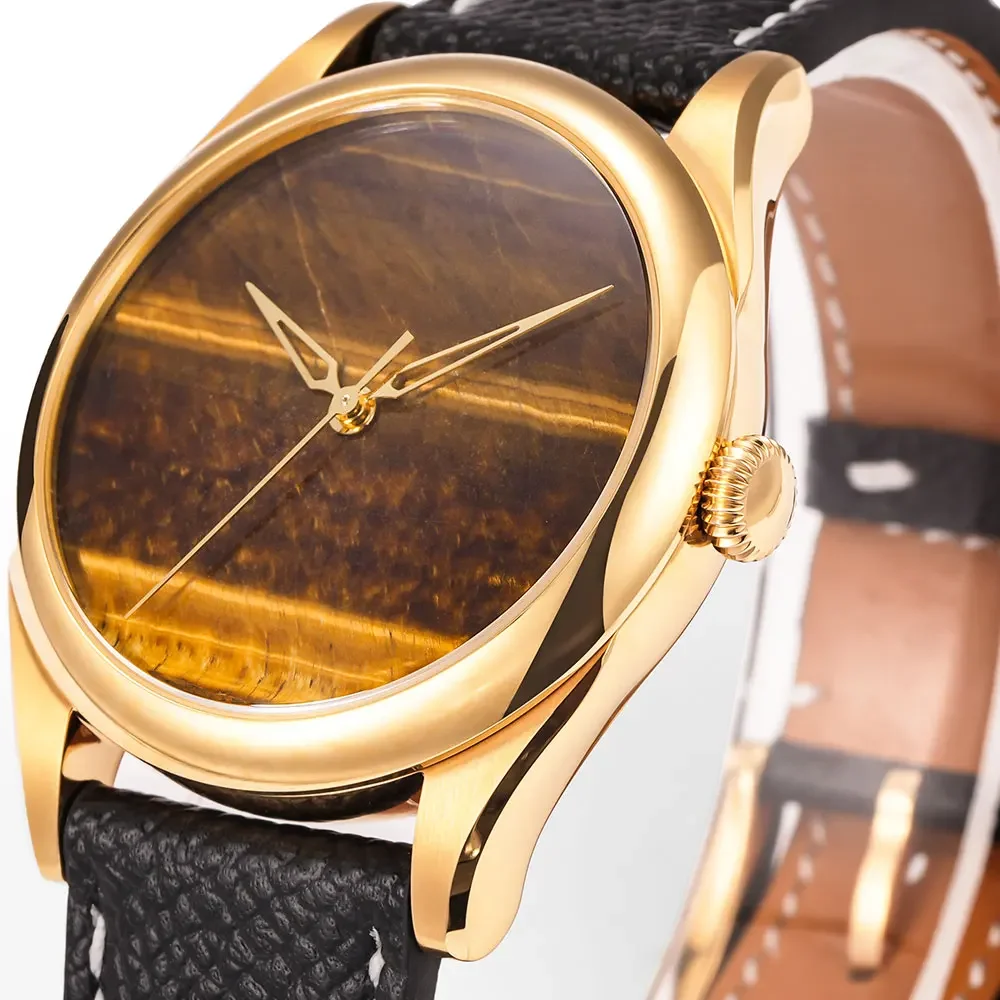 HUASUO New 38mm Business Men Watch Tiger Eye Stone Dial SW200 Automatic Mechanical Gemstone Wristwatch Sapphire Waterproof 50m