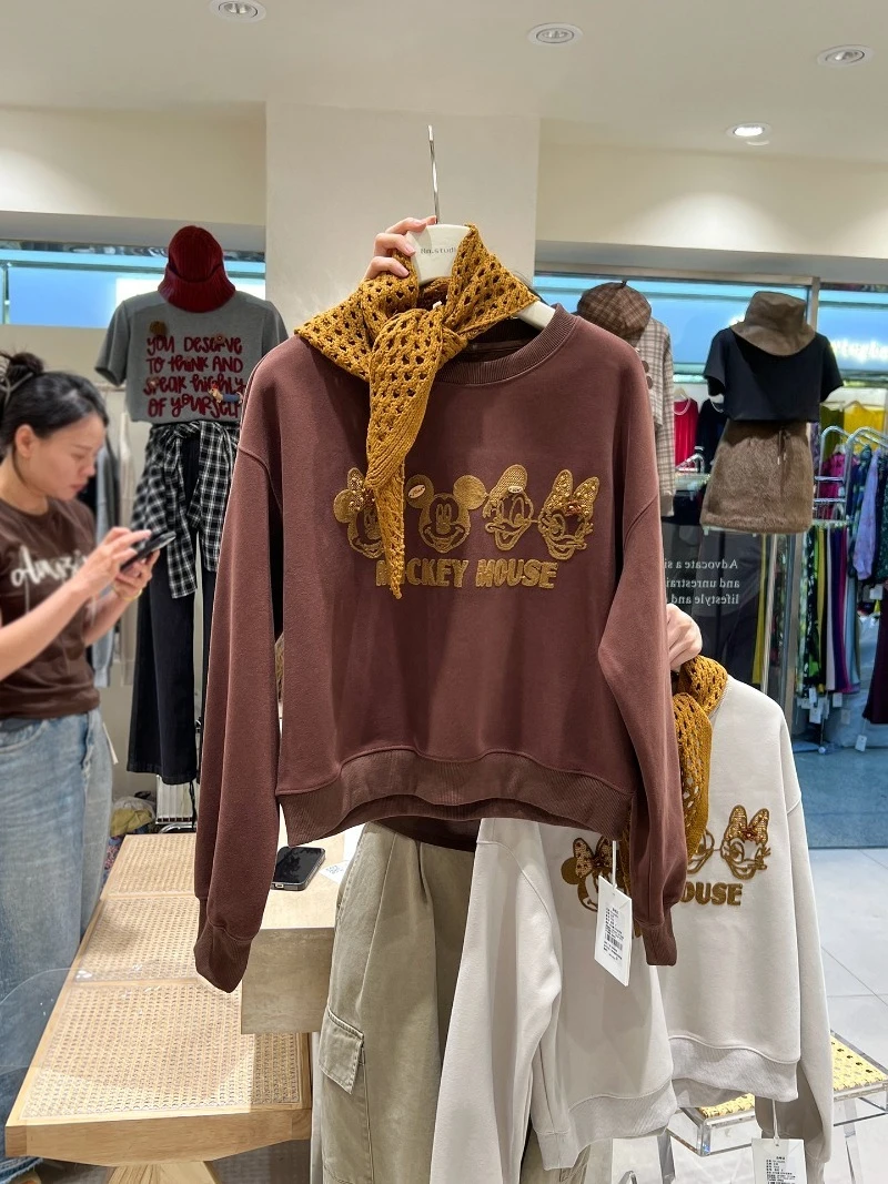 Cartoon Hoodie With Scarf For Women's 2025 Autumn Winter New Fashionable Youthful Round Neck Short Loose Top Jacket Sweatshirts