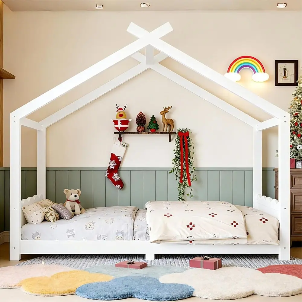 

Twin Montessori Floor Bed, Kids House Bed Frame with Playful Roof, Solid Wood Low Profile, Safe Children's Bedroom Furniture for