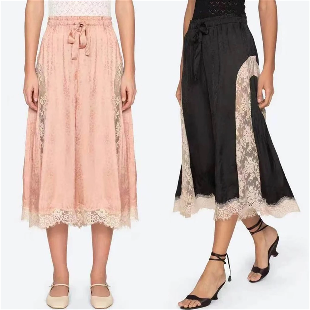 

Elegant Lace Casual Pants Silk Satin High Waist Wide Leg Pants Two Colors Spring Summer Fashionable Eyelash Lace Skirt Pants