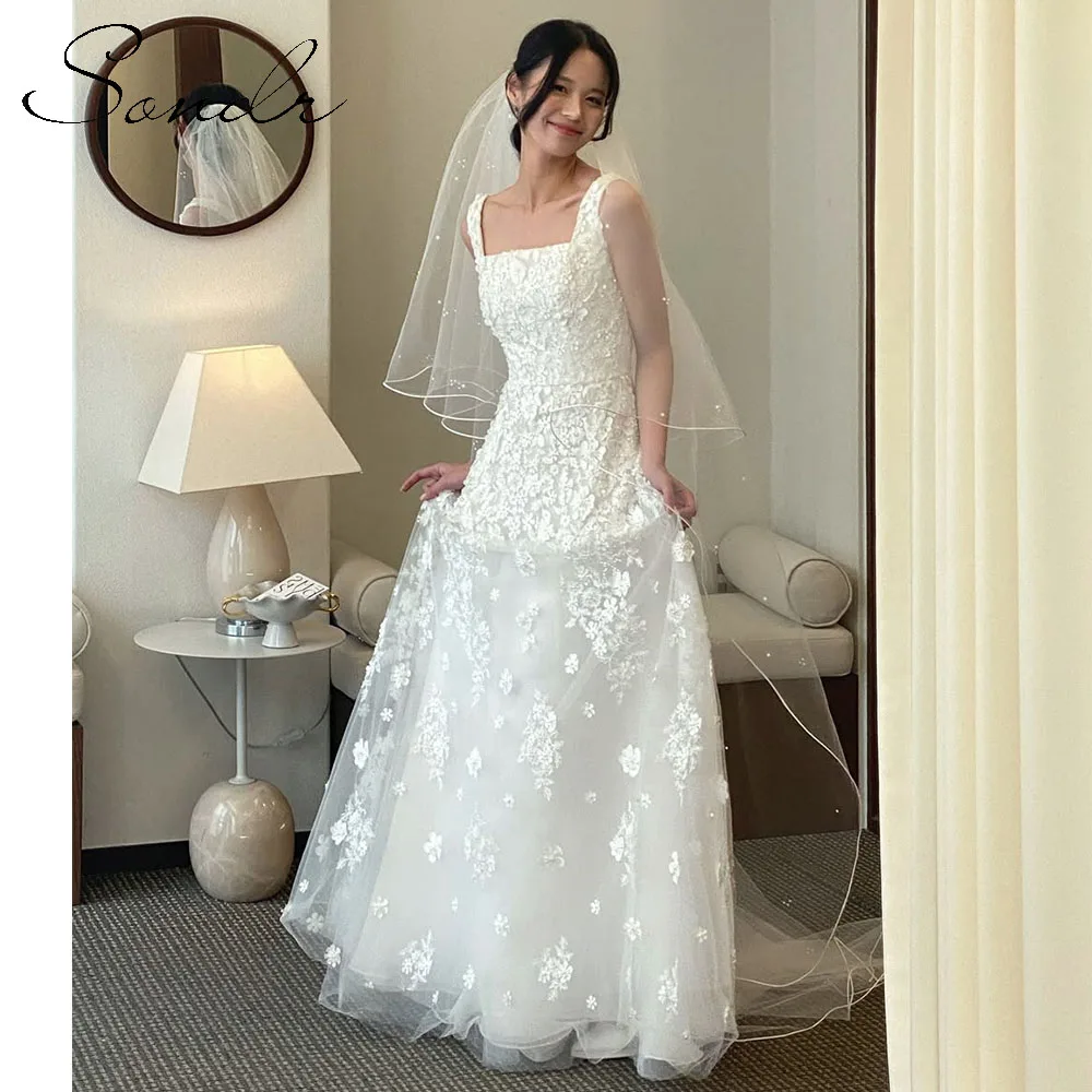 Sondr Luxury Korean Wedding Dresses 2025 Square Collar Sleeveless 3D Lace Appliques Wedding Snap Dresses Customized Party Gown
