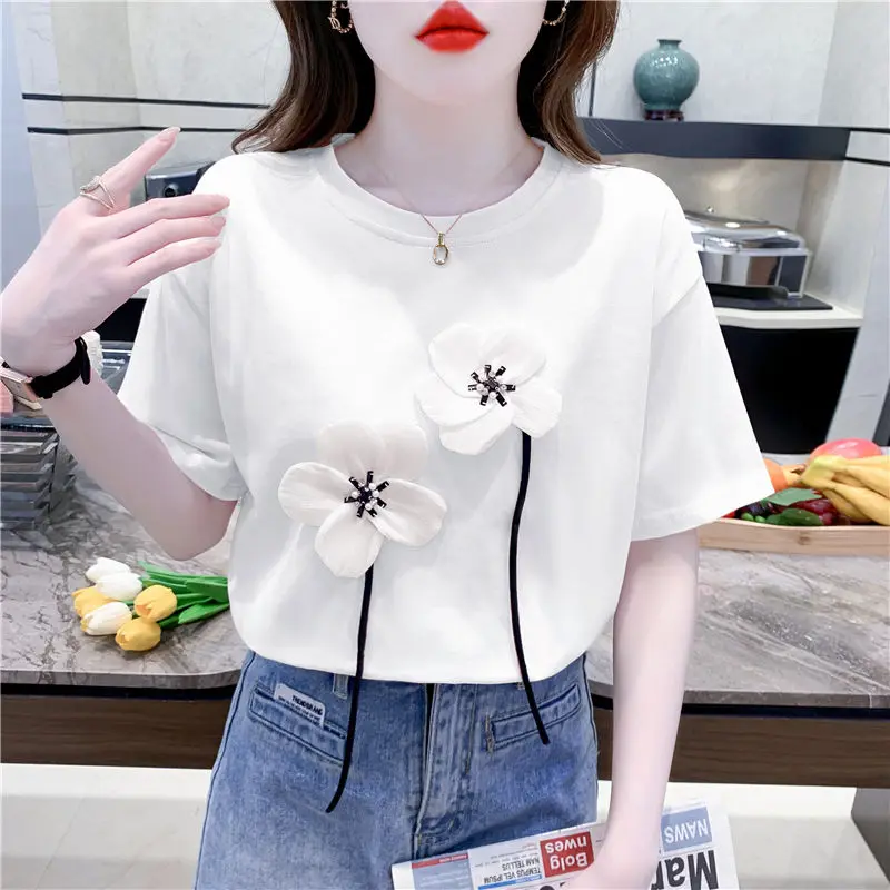 Summer Solid Color Crew Neck Crochet Gauze Beaded Patchwork Short Sleeve Women\'s Pullover T-shirt Office Lady Korean Tops