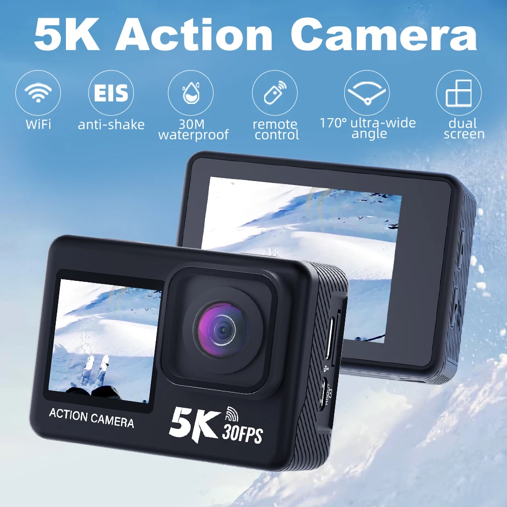 5K Action Camera 4K60FPS 2.0 Touch LCD 48MP EIS Dual Screen Wi-Fi 170D 30M Waterproof 5X Zoom Sports Camera With Remote Control