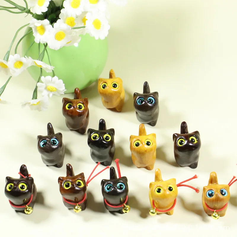 Black Sandalwood Carved Cat Figurine Cute Kitten Desktop Ornament Handmade Creative Solid Wood Craft Decor