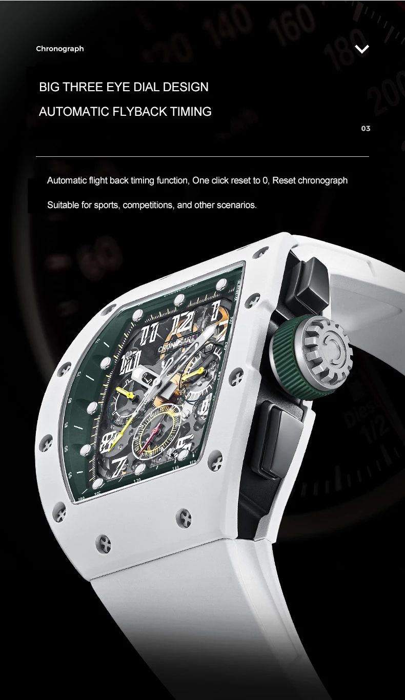 CRONUSART ساعة أوتوماتيكية للرجال 50 مللي متر كرونوغراف تونيو ساعة يد ميكانيكية رياضية حافظة من الفولاذ الكربوني حزام مطاط مضيء
