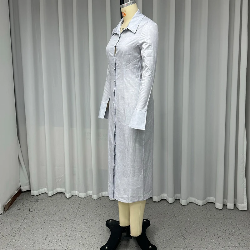 Ellafads Long Dress Autumn Women Office Casual Long Sleeve Lapel Single Breasted Button Solid Nipped Waist Long Dress Streetwear