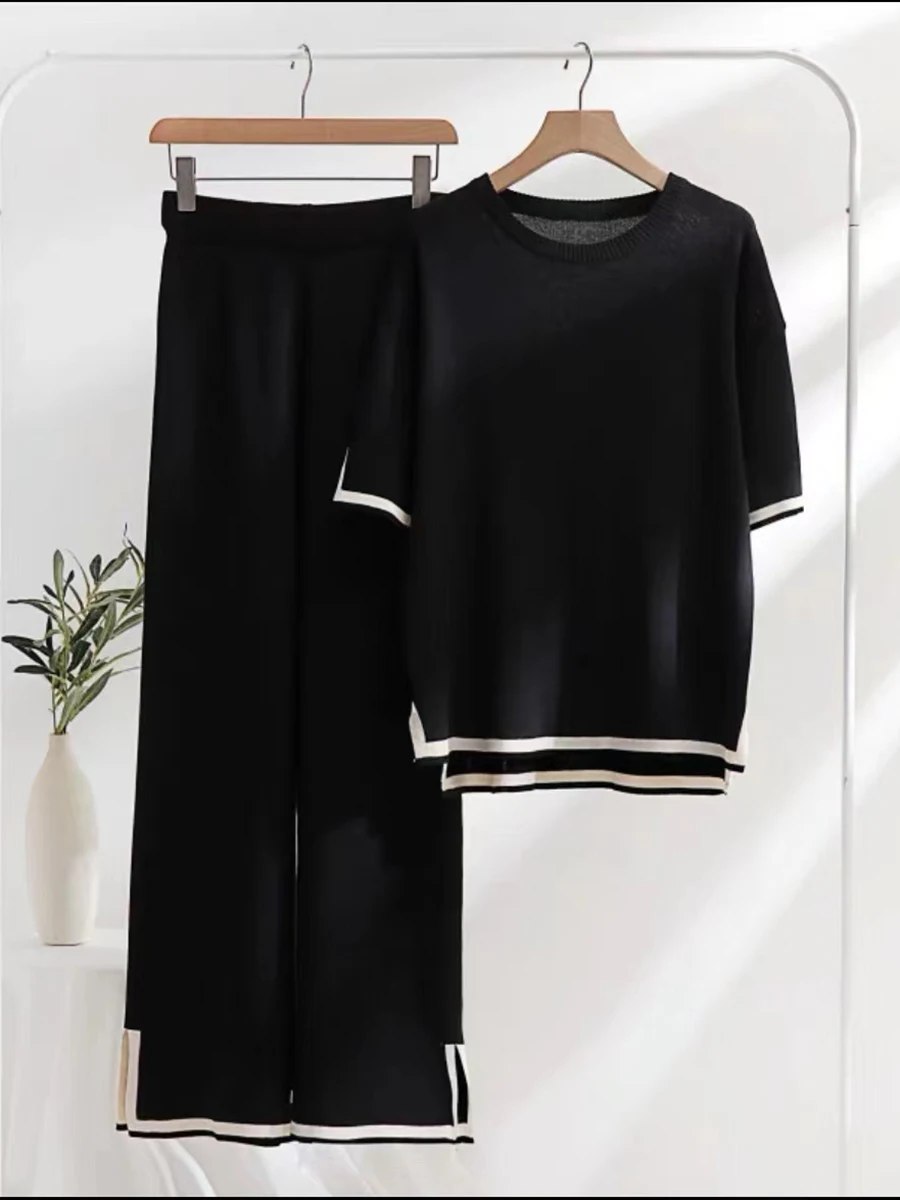 Womens 2 Piece Lounge Outfits Matching Sweater Set Knitted Long Sleeve Pullover Tops Wide Leg Pants Casual Loungewear