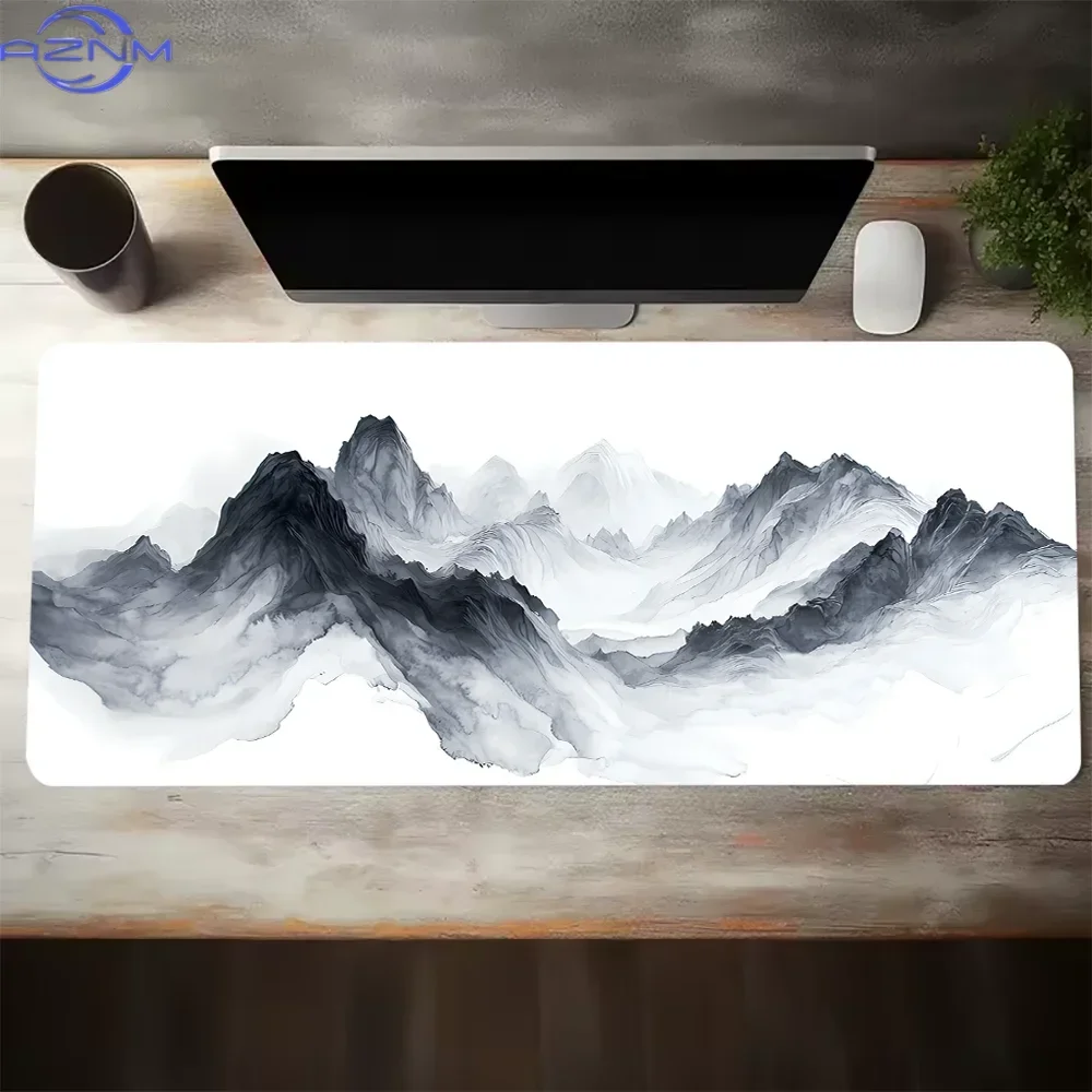 Light Blue Ink Wash Misty Mountain Large Mousepad, Non-Slip Rubber Waterproof Extended Desk Mat, Soft Oriental Landscape Art Mou