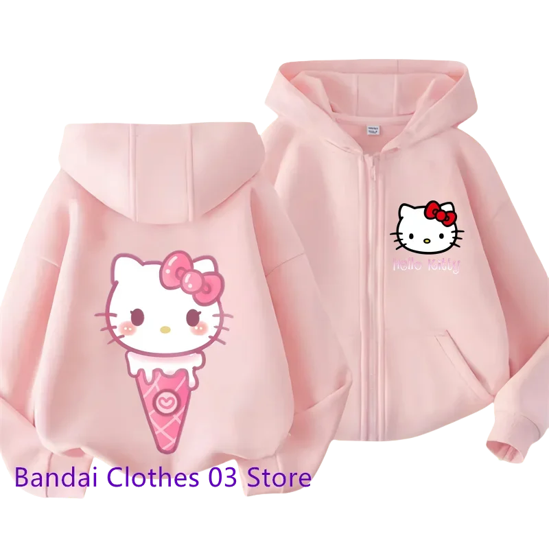 2024 Hello Kitty New Pin Zipper Hoodie Girls Sweatshirt Autumn/Winter Long Sleeve Jacket Harajuku Jumper Pin Casual Hoodie Top