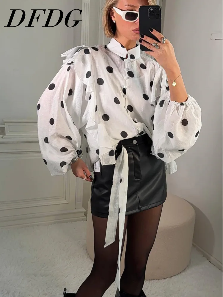 

Женская блузка DFDG 2026 весна-лето в горошек с рюшами, рукавами-баллонами, завязками на талии, свободного кроя, повседневная, милая, с волнистым узором