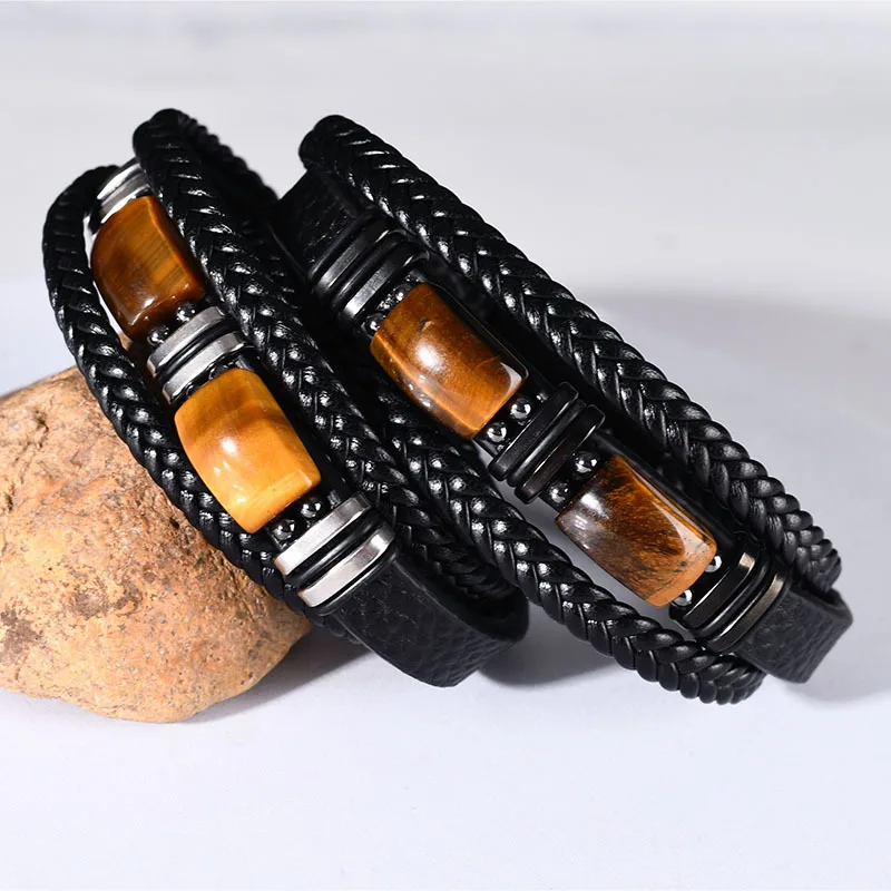 

Tiger's eye bracelet for men, multi-layer rope leather bracelet, stone bracelet, magnetic clasp bracelet