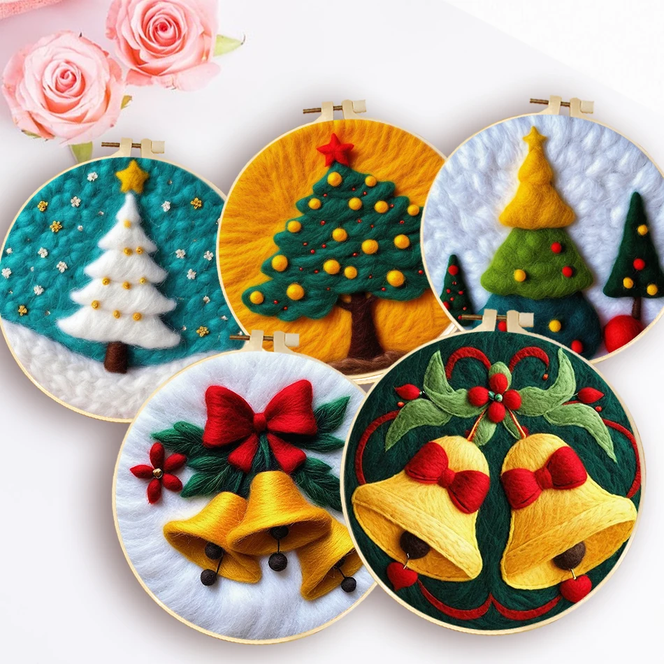 

Christmas Pattern Diy Wool Felting Painting For Adults Bell Needle Felt Starter Set With Embroidery Frame Wool Painting Kit
