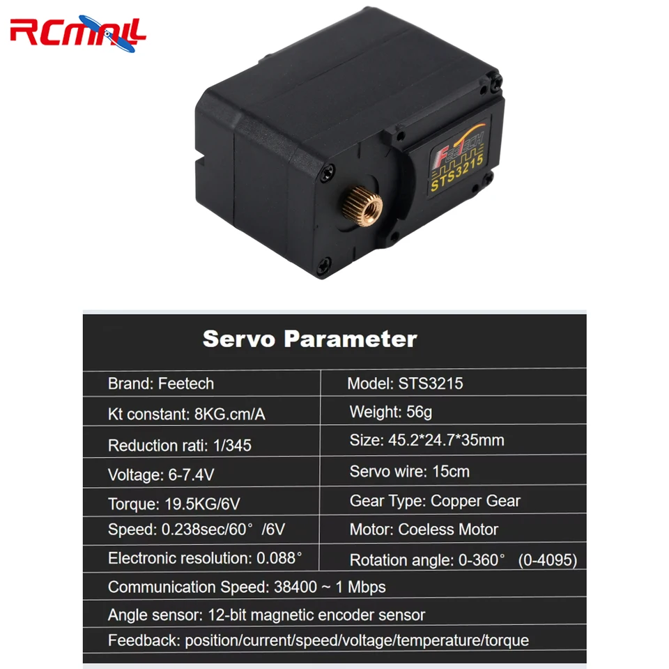 Servo STS3215 7,4 V 19 Kg – Encodeur Magnétique 12 Bits – Engrenage Métal Double Axe – 360° – Bus Série TTL – Pour Robot Arduino