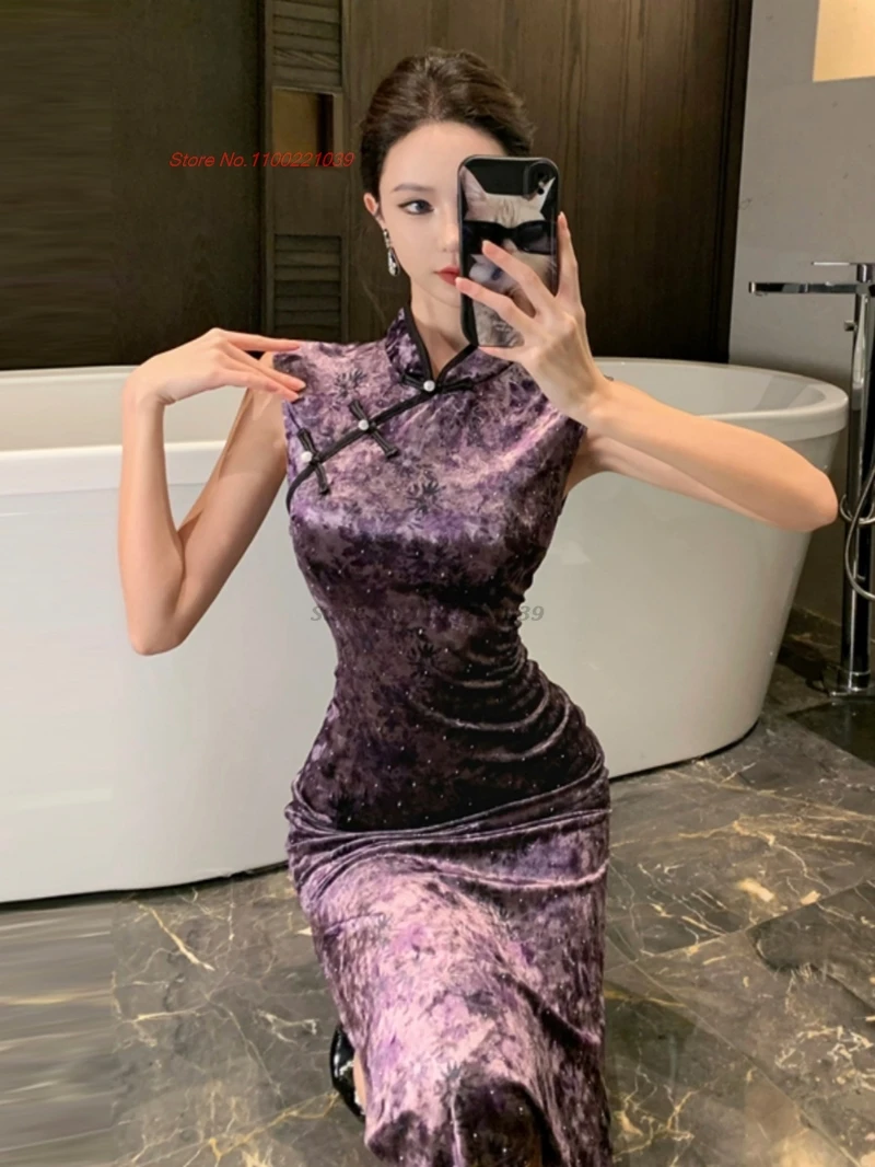 فستان سهرة صيني مثير من تشيباو مخملي بدون أكمام شيونغسام بتصميم عتيق مطبوع عليه زهور فستان ملهى ليلي تقليدي للولائم تشيباو #4