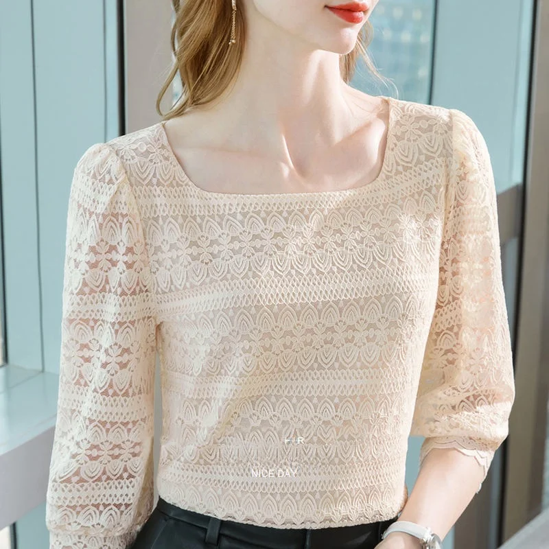 

Elegant Lace Base Shirt Hollow out Sleeve One Shoulder Women's Fashion Spring New Style Slim Fit Top Casual Daily Wear