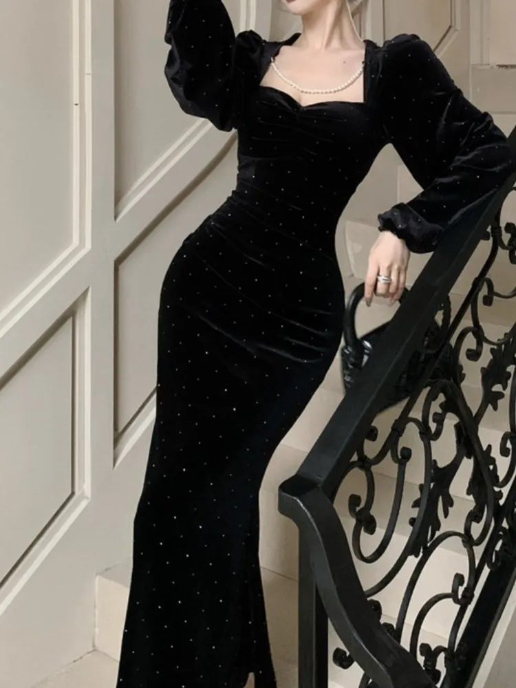 Winter New Women Fashion Elegant Velvet Black Mermaid Dress Vintage Slim Solid Lantern Sleeve Dresses Evening Party Female Robe