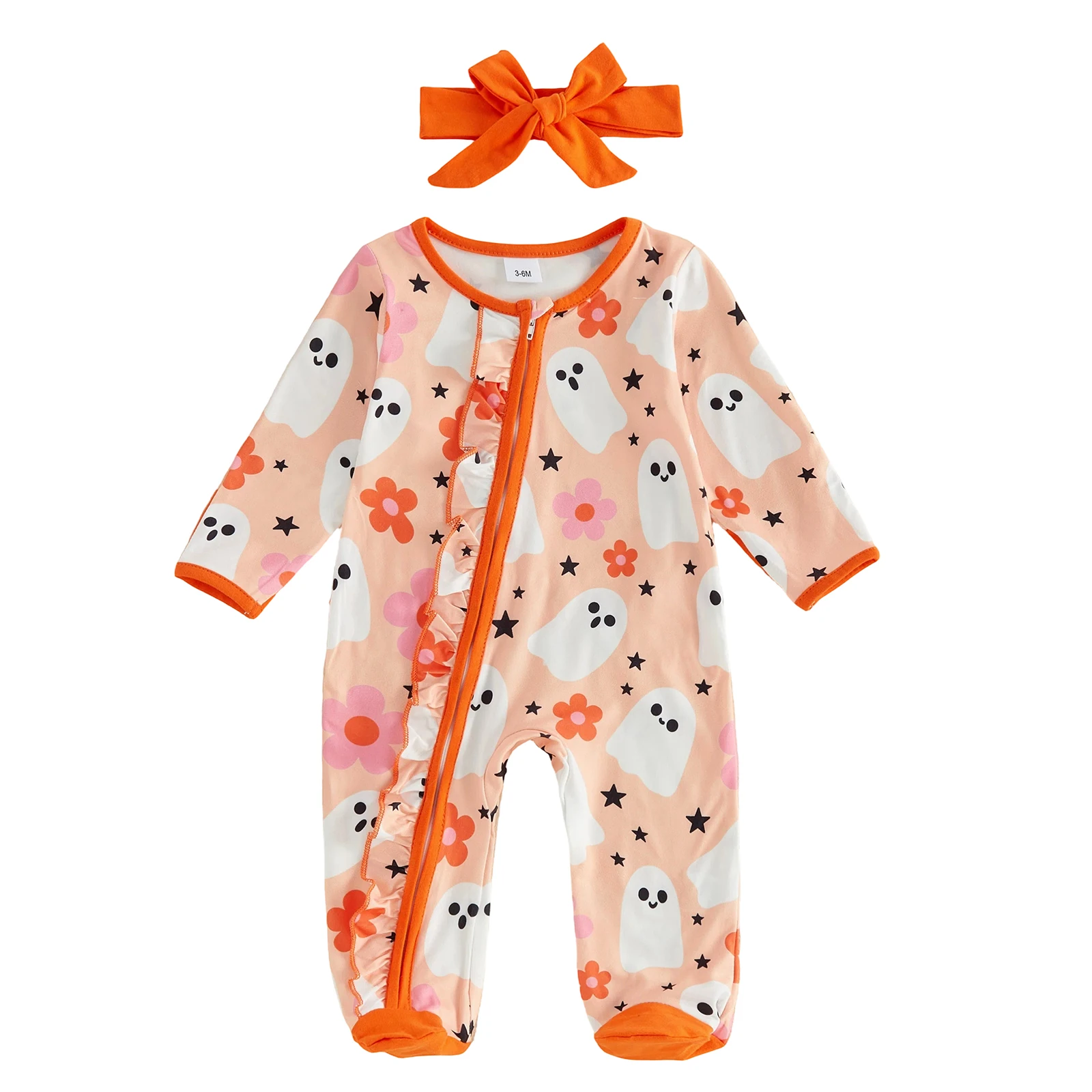 2 Pcs Infant Girl Halloween Outfit Long Sleeve Crew Neck Ghost Ruffle Trim Footed Romper and Headband Set