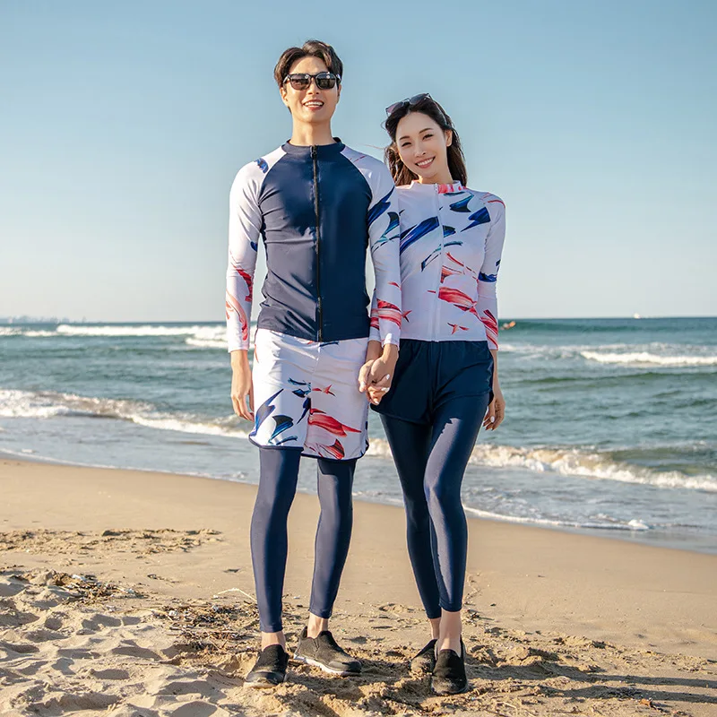 

Korean Couple Diving Suit Women Men's Print Surfing Swimsuit Tankini Sets Sun Protection Sports Pants Shorts Swimwear Wetsuit