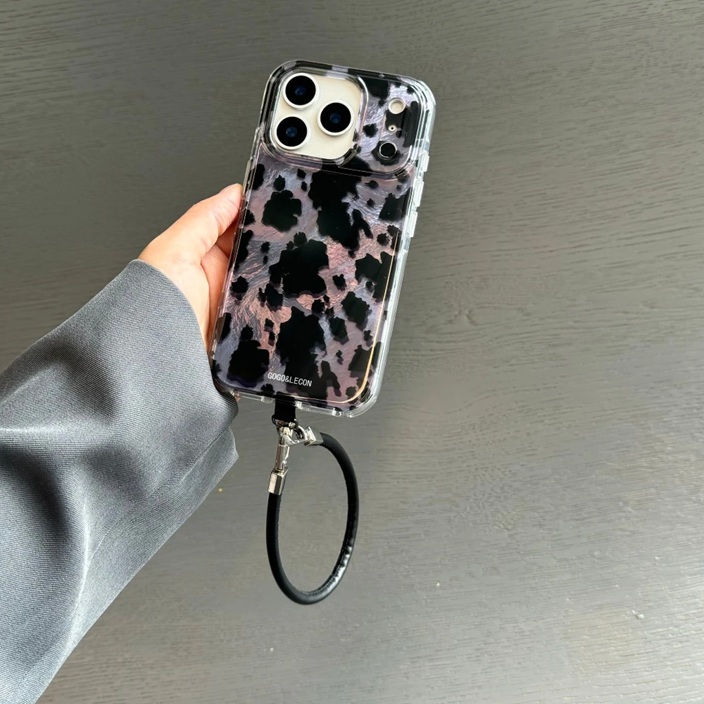 Creativity Graffiti Black Leopard Print Purple Tin Foil Pattern With Lanyard Phone Cover Case for iPhone 17 16 15 14 Pro Max