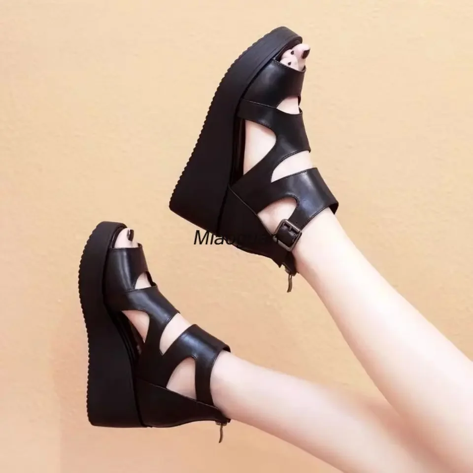 High Quality Soft Leather PU 2024 Summer Sandals High Heel Platform Sandal Boot Wedge Peep Toe Women\'s Shoes Hollow Roman Black