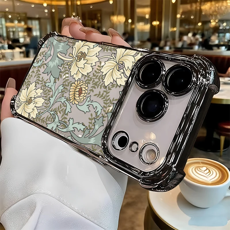 

Clear Plating Phone Case For iPhone 17 Pro Max 15 Plus 17 Air 17E 16E 16 Fashion Vintage Flower Print Shockproof Silicone Cover