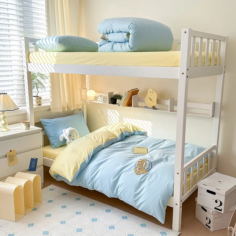 

New solid color duplex student dormitory three piece set with bunk bed and bunk bed set, bed sheets and bedsheets