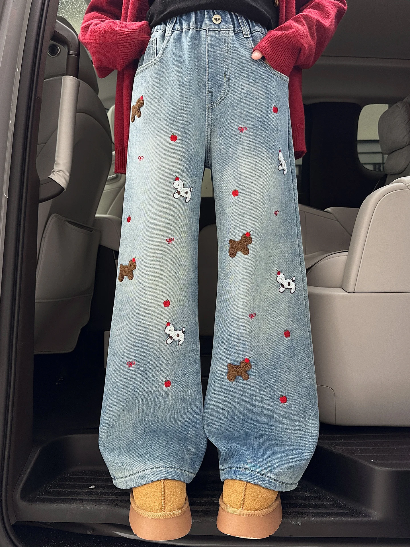 

Girls Fce Lined Denim Jeans Autumn Winter Thi Towel Embroidery Wide Leg Pants Elastic Waist Casual Straight Cut Outfit