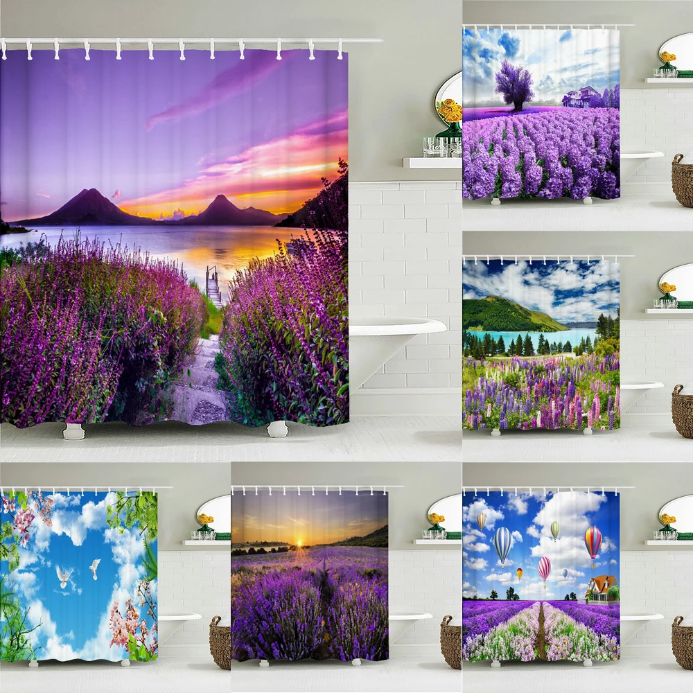 

Rural Nature Scenery Shower Curtains Bathroom Polyester Waterproof Shower Curtain lavender Printing Curtains for Bathroom Shower