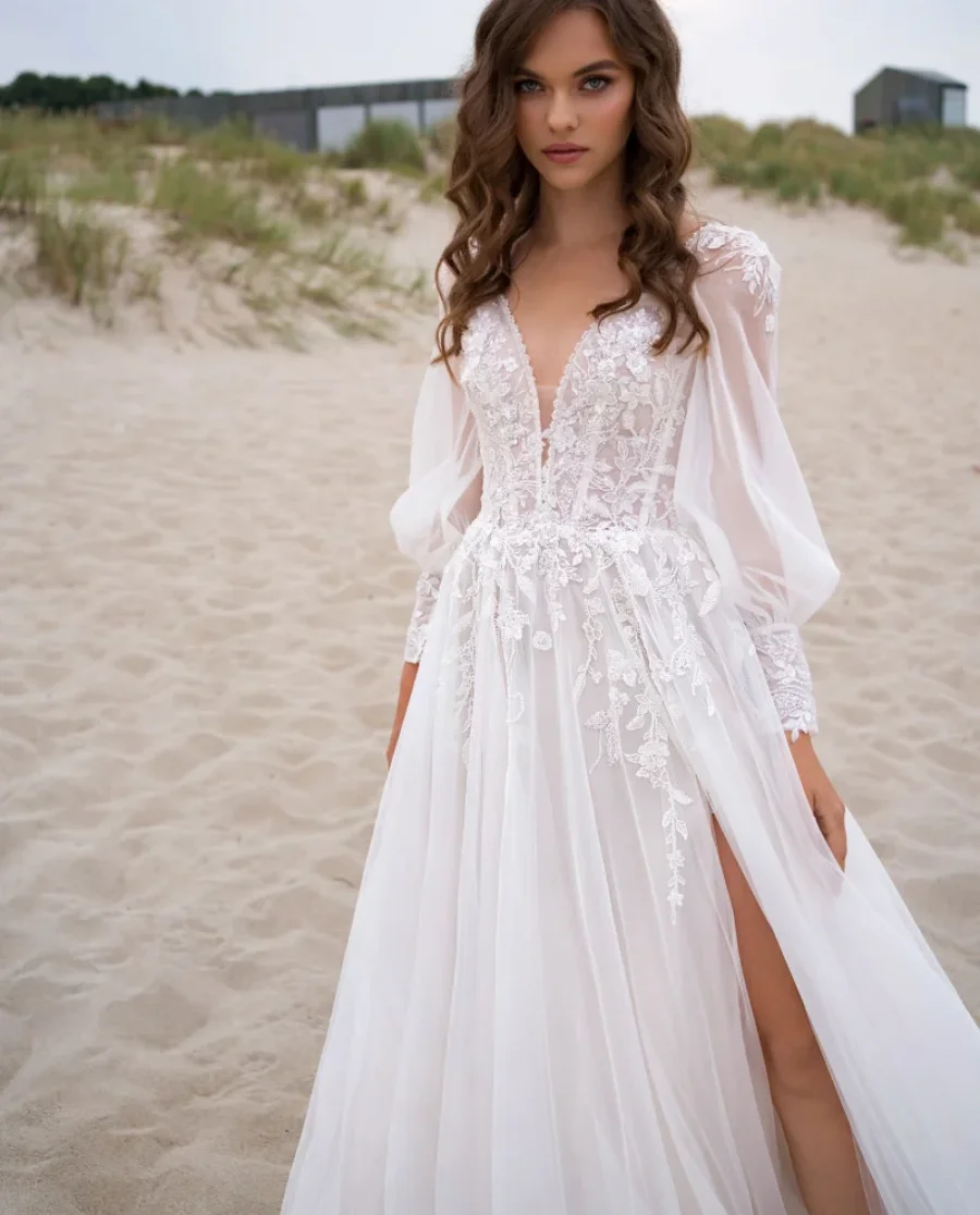 Vestido De novia bohemio con mangas abullonadas, traje elegante De encaje con abertura alta, Espalda descubierta, cuello en V