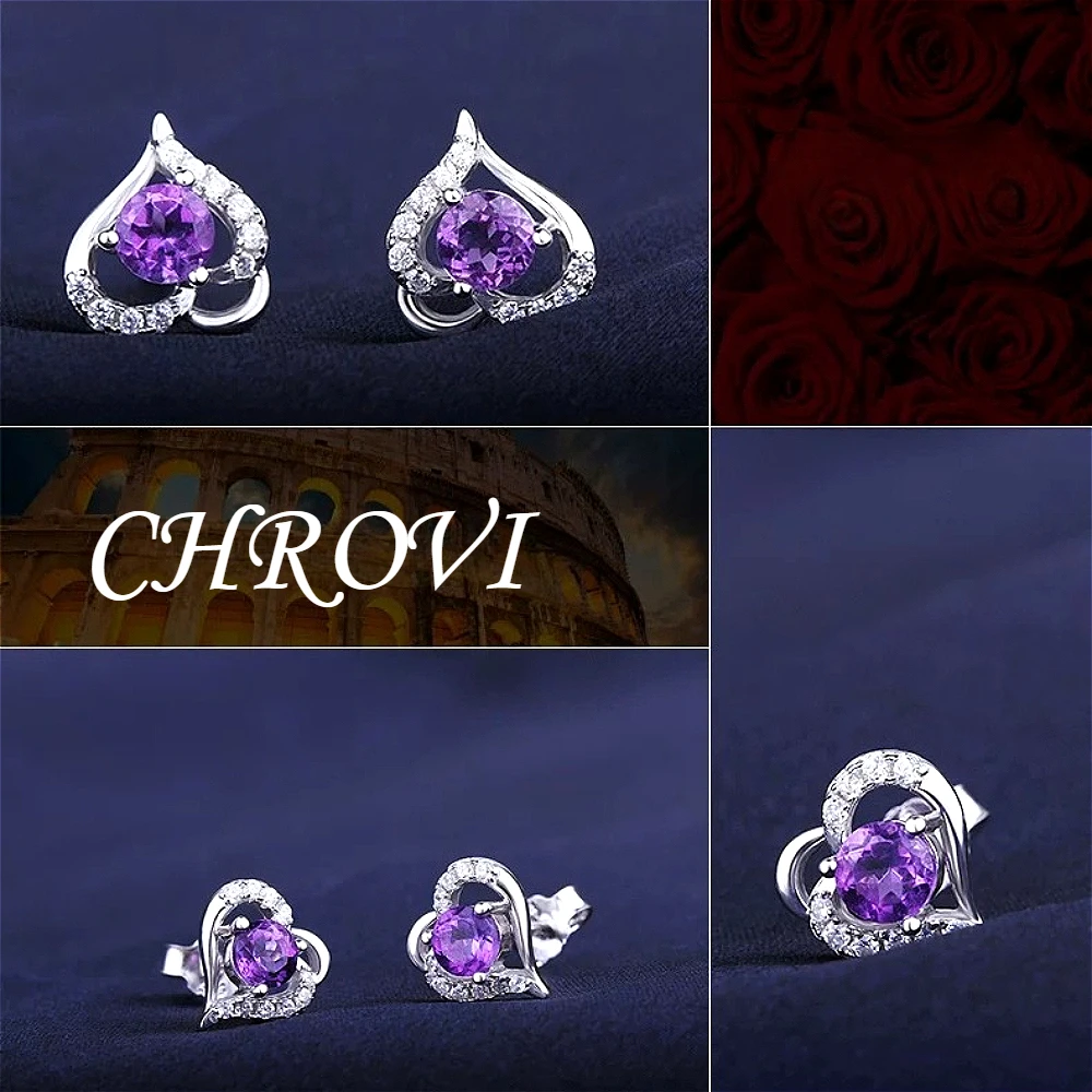 Luxury-Style 925 Sterling Silver Purple Crystal Ear Studs - Heart-shaped Earrings - Women's Elegant Jewelry