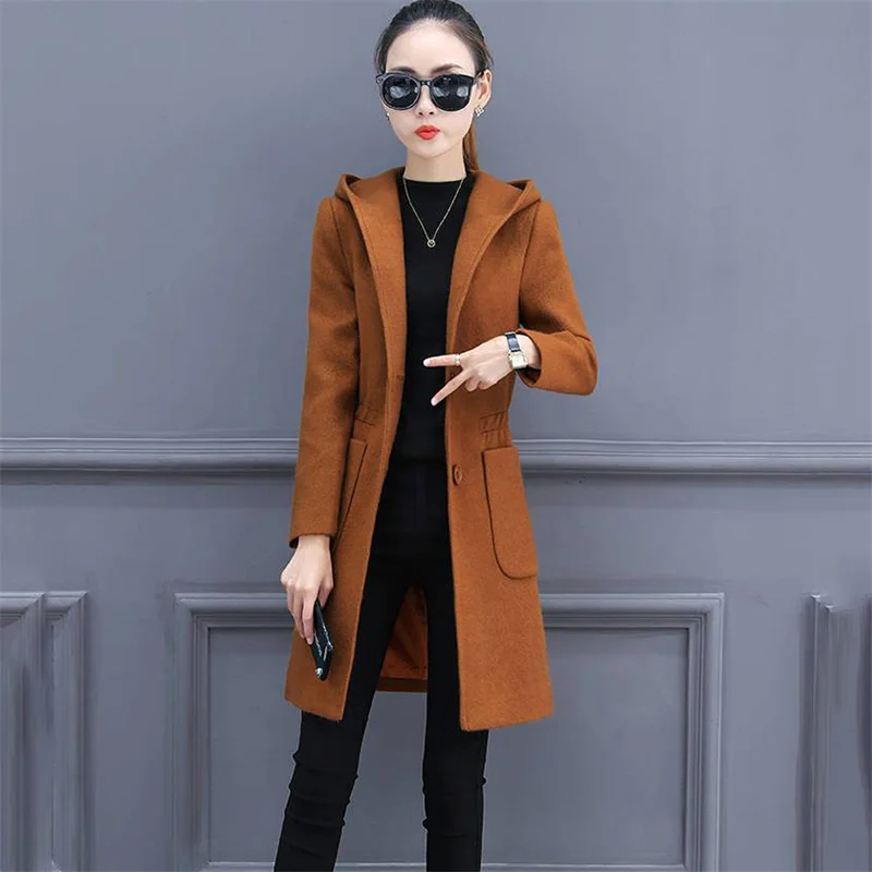 Autumn Winter Long Woolen Windbreaker 2024 New Hooded Women's Clothes Solid Colour Fashion Trench Coat Thicken Overcoat Female