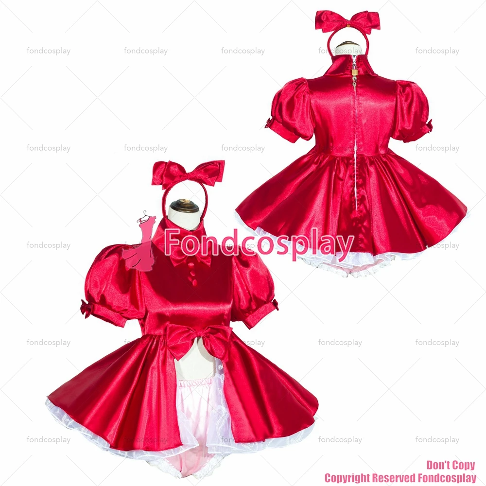 fondcosplay adult sexy cross dressing sissy maid short French Lockable Red satin Dress Uniform open sex CD/TV[G4034]