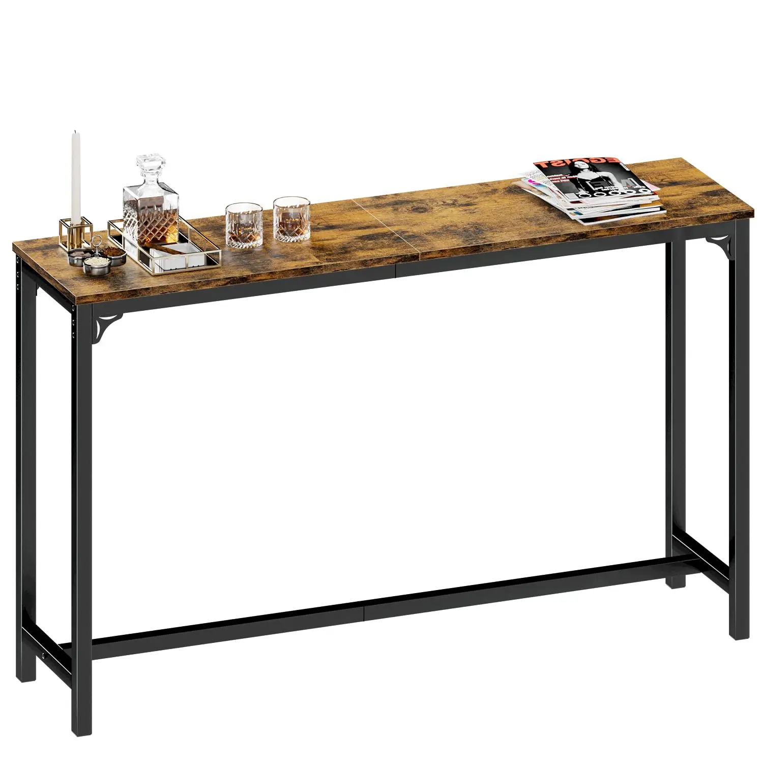 

63 Inch Bar Table High Top Pub Table Rectangular Counter Height Table With Metal Legs Vintage Wood Finish