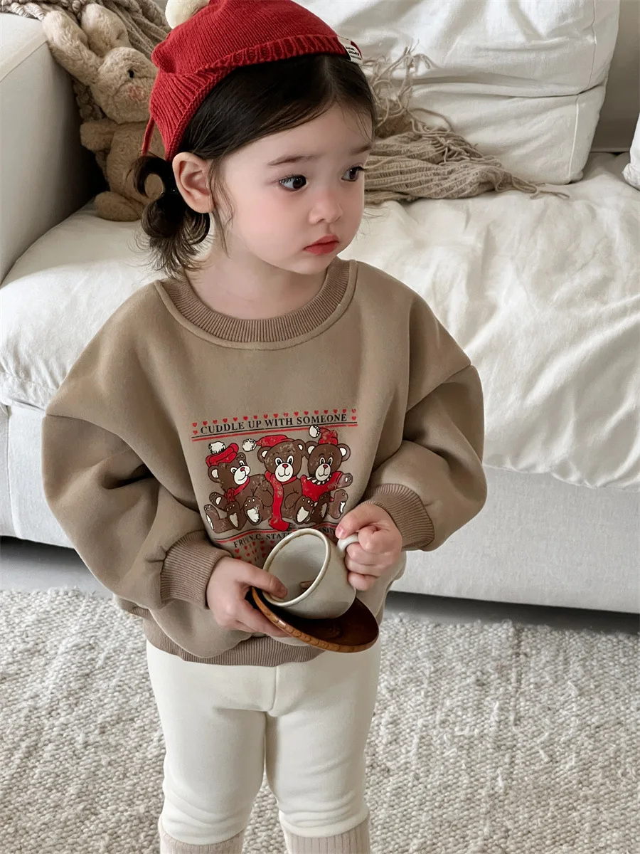 2024 Autumn New Baby Fleece Sweatshirt Infant Girls Cartoon Print Casual Pullover Plus Velvet Thick Warm Tops Toddler Clothes