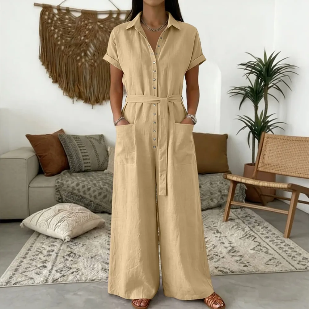 Summer New Casual Lapel Short-sleeved Shirt Jumpsuit Women's Fashion Single-breasted Pocket Loose Lace Wide-leg Female Jumpsuit
