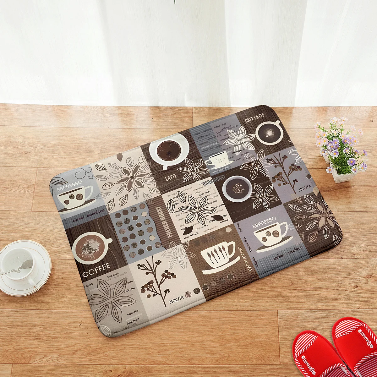Brown Plaid Coffee Themed Kitchen Rug  Coffee Bean Branch Cup Graphic Decor Non Slip Kitchen Sink Floor Mat