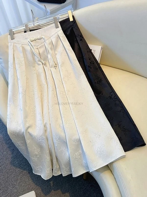 Chinese Style Black Midi Skirt spring/summer Plus Size High-waisted Pleated Horse Face Skirt Women Tangsuits Daily Skirt