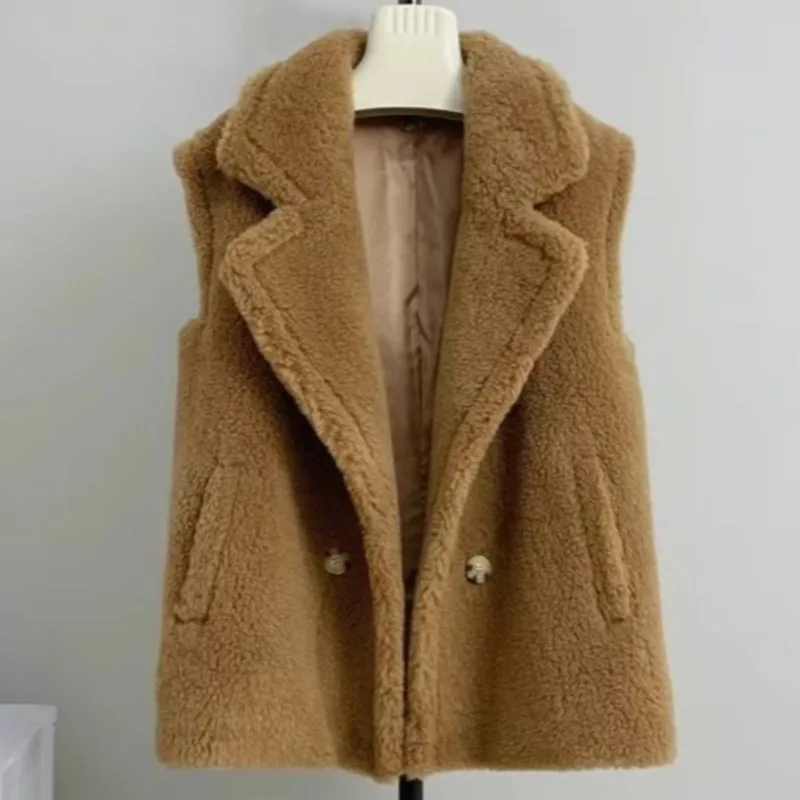 Gilet da donna con orsacchiotto in montone finto Cappotto lungo senza maniche kaki oversize Autunno Inverno Gilet soffice in pelliccia sintetica Capispalla